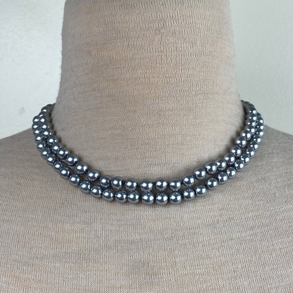 Vintage Kissaka Gray Glass Faux Pearl Multi-Strand (2) Necklace Knotted 18.5"